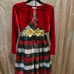 Bonnie Jean Red Plaid Holiday Dress with Gold Bow